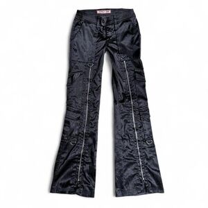 Y2K black shiny satin nylon flared cargo low rise pants with silver hardware